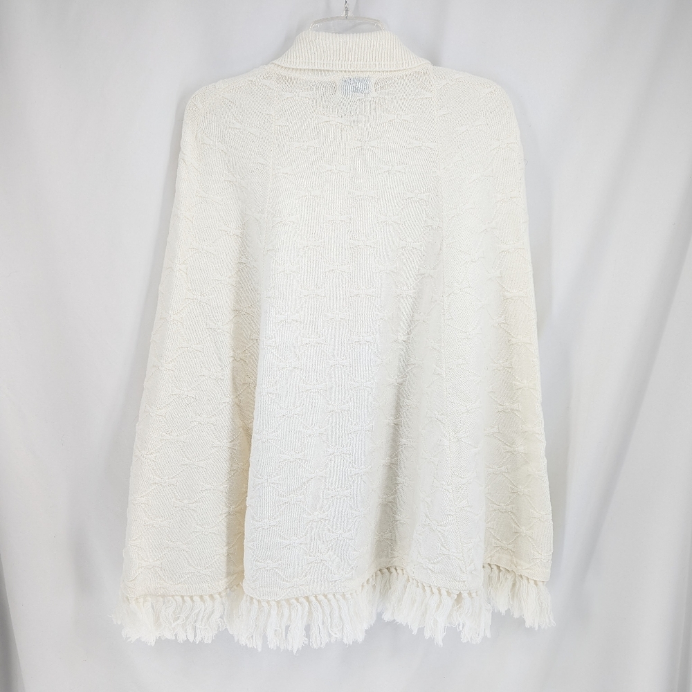 Vintage 1970s Cuddle Knit Ivory Colored Bow Knit Poncho Fringe Cape Shawl - Picture 2 of 8